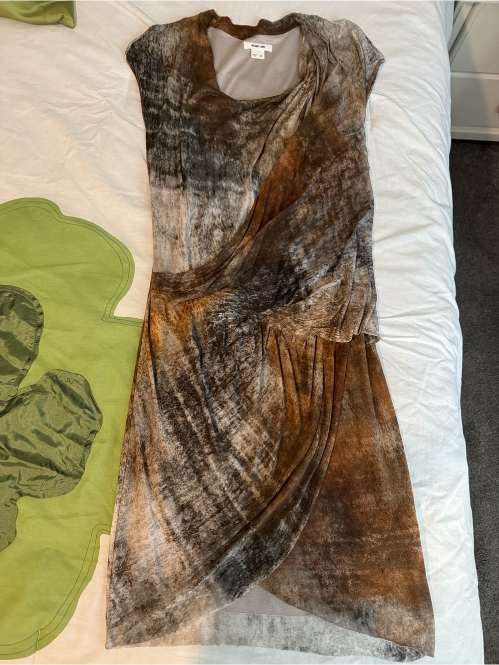 Helmut Lang Brown & Gray Abstract Draped Midi Dress